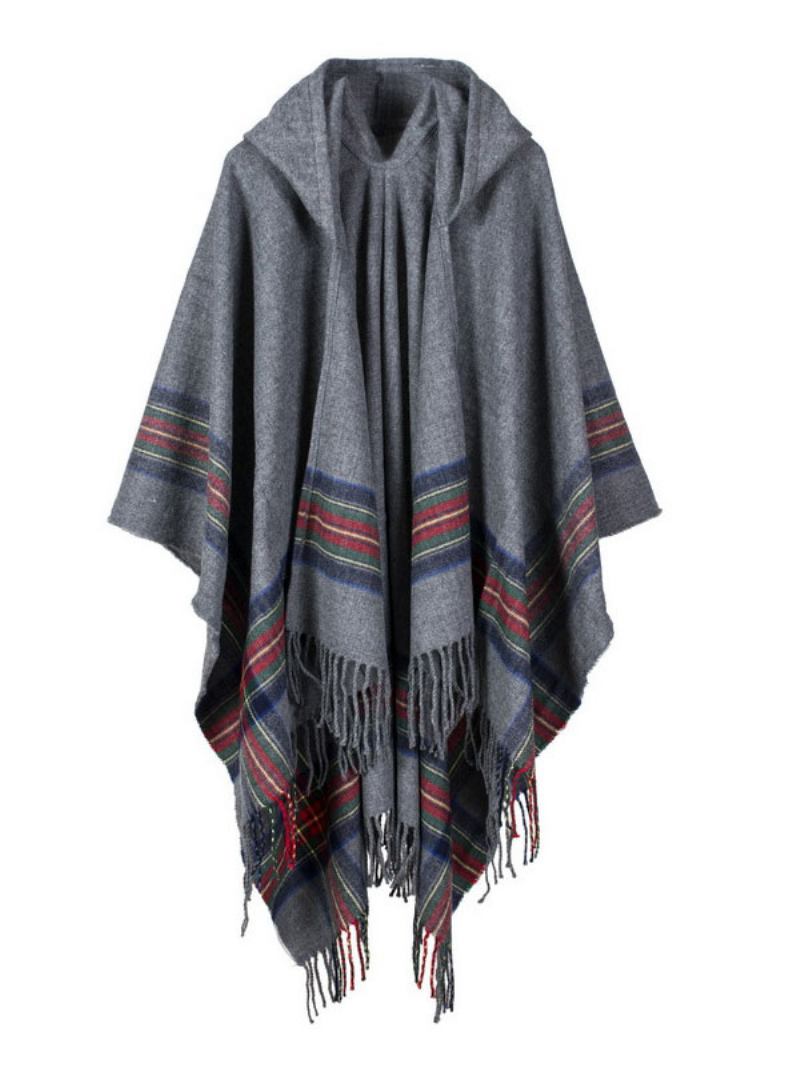 Xaile Wrap Bohemian Com Capuz Franja Poncho Cardigan Capa Para Mulheres - Cinza