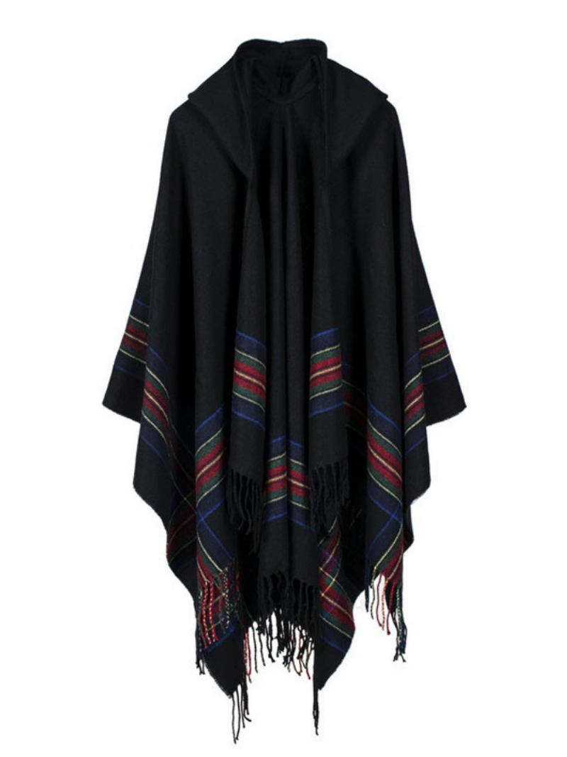 Xaile Wrap Bohemian Com Capuz Franja Poncho Cardigan Capa Para Mulheres - Preto