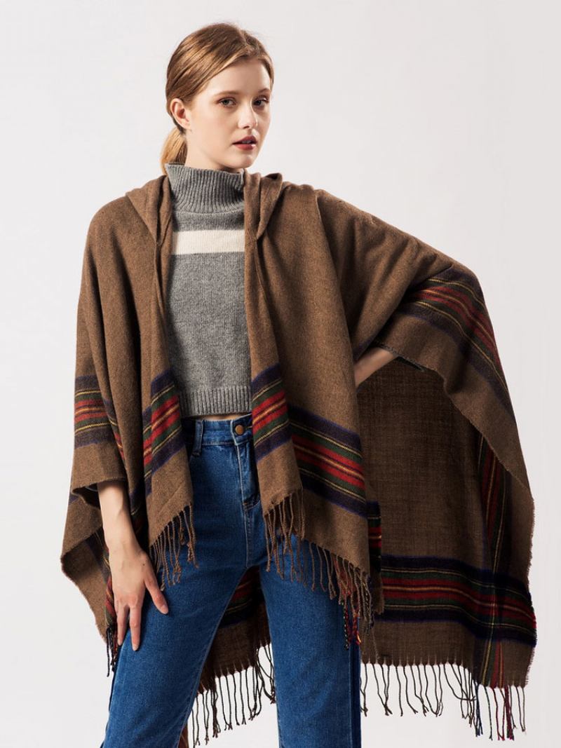 Xaile Wrap Bohemian Com Capuz Franja Poncho Cardigan Capa Para Mulheres - Caqui