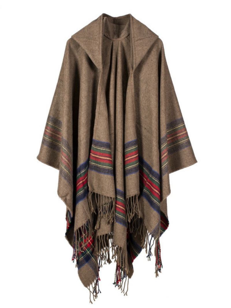 Xaile Wrap Bohemian Com Capuz Franja Poncho Cardigan Capa Para Mulheres - Caqui