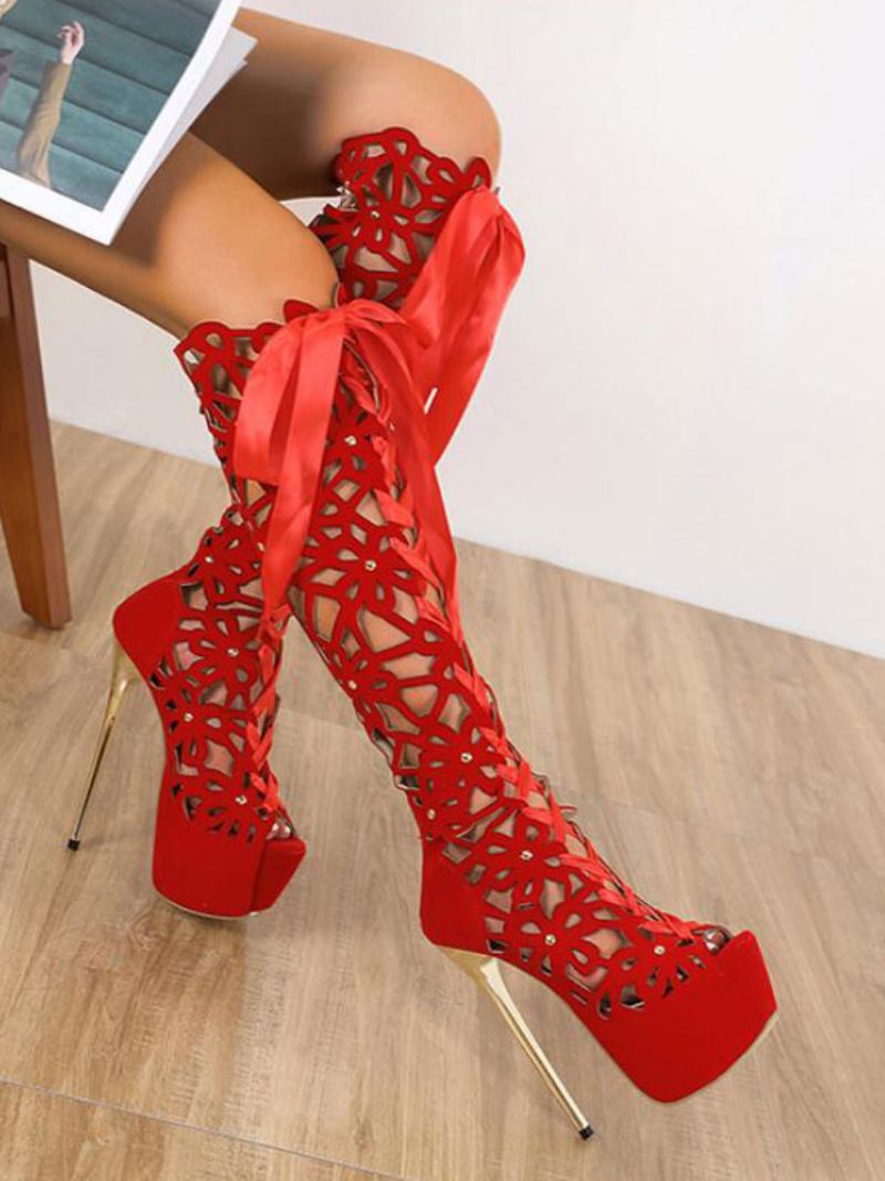 Botas Femininas Cano Alto Com Cadarço Vazado E Plataforma - Vermelho