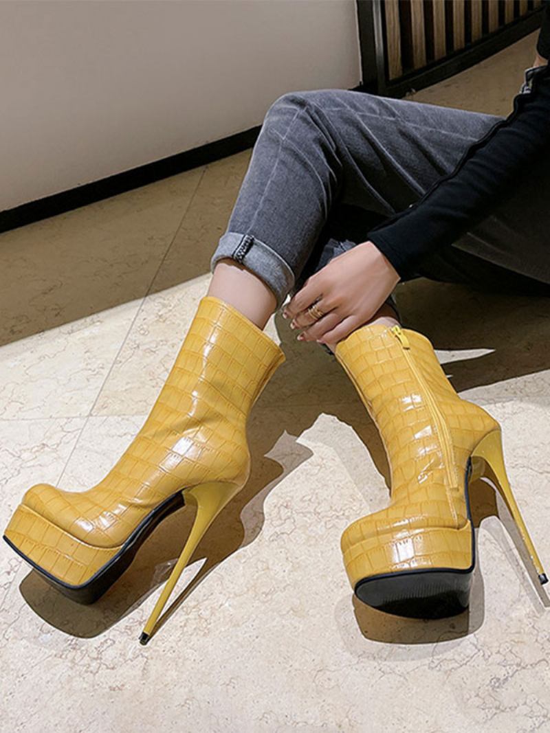 Botas Femininas Com Plataforma Redonda E Zíper - Amarelo