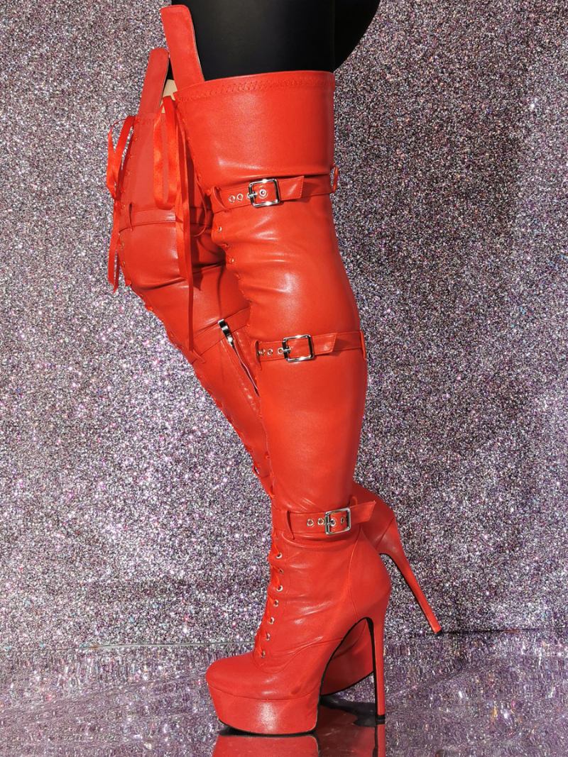 Botas Femininas Couro Pu Com Salto Agulha E Cano Alto - Vermelho