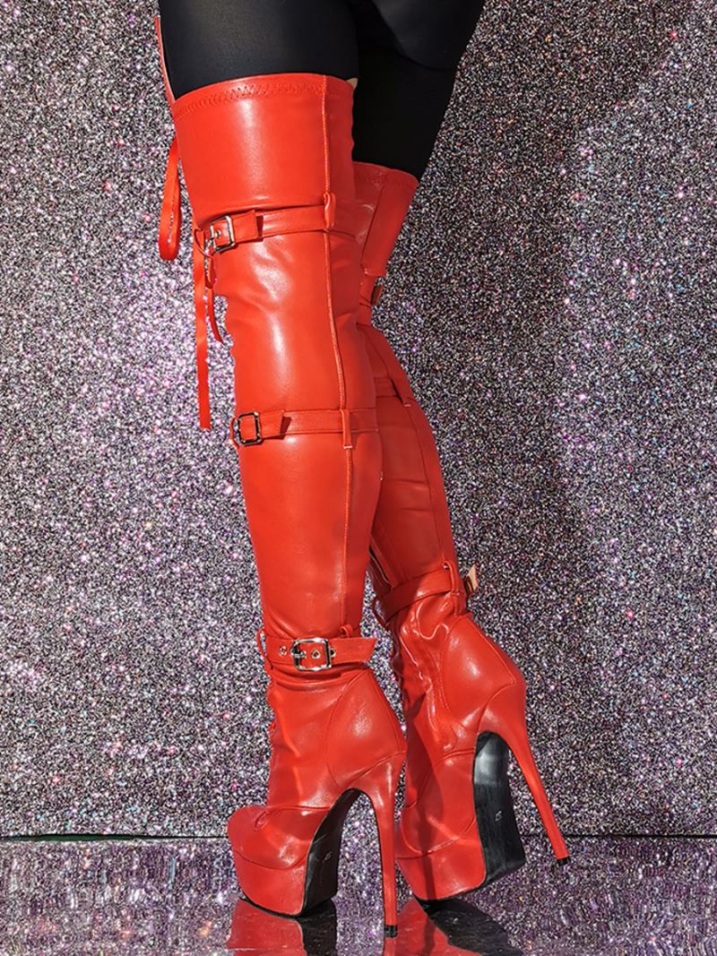 Botas Femininas Couro Pu Com Salto Agulha E Cano Alto - Vermelho