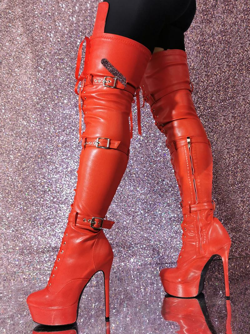 Botas Femininas Couro Pu Com Salto Agulha E Cano Alto - Vermelho