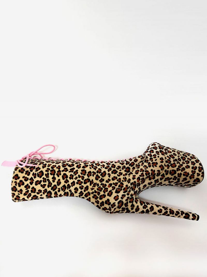 Botas Femininas Plus Size Sexy Leopardo Dedo Do Pé Redondo Zíper Fivela Plataforma Rendas Até Altas Céu - Café Marrom