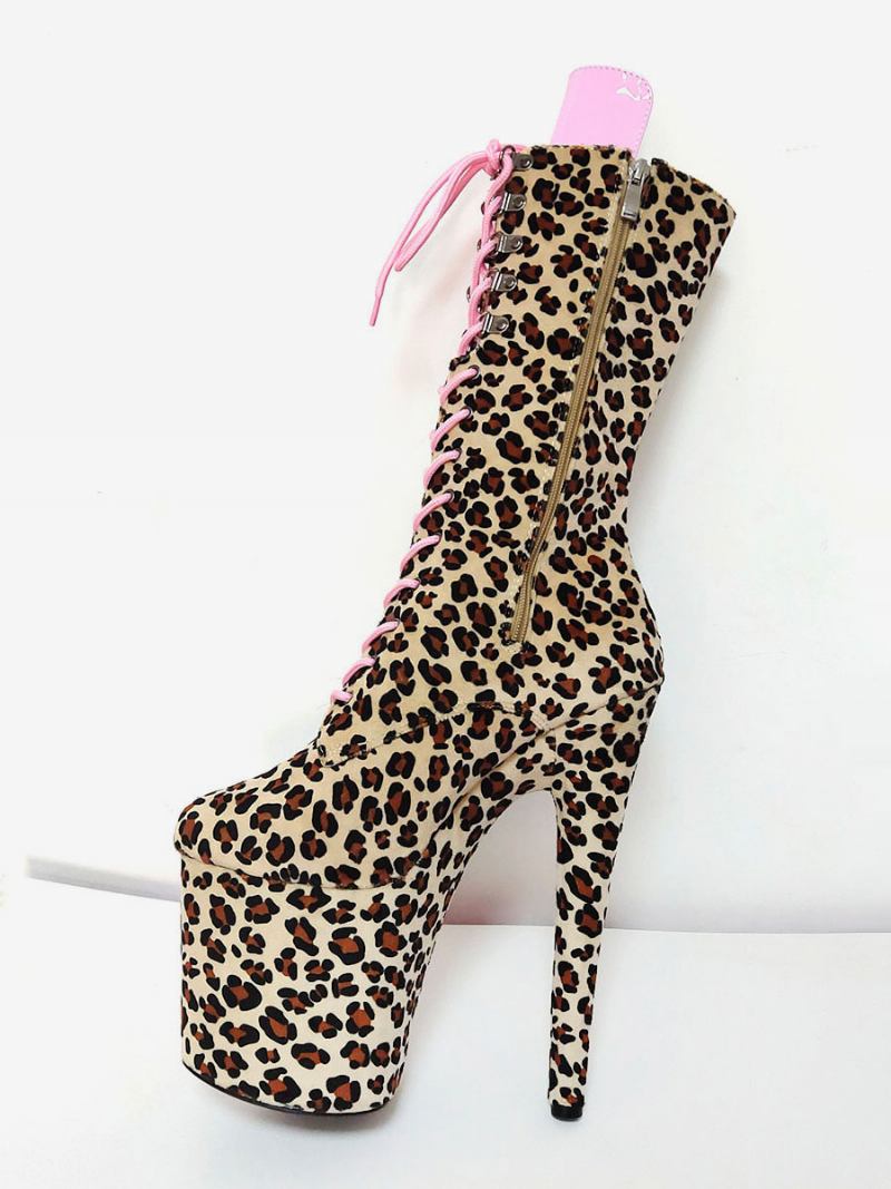 Botas Femininas Plus Size Sexy Leopardo Dedo Do Pé Redondo Zíper Fivela Plataforma Rendas Até Altas Céu - Café Marrom