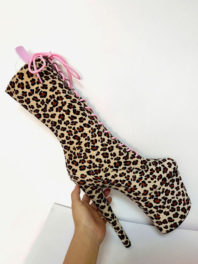 Botas Femininas Plus Size Sexy Leopardo Dedo Do Pé Redondo Zíper Fivela Plataforma Rendas Até Altas Céu - Café Marrom