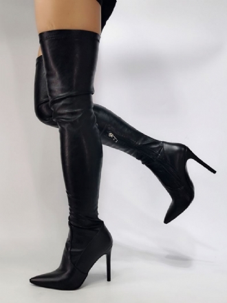 Botas Femininas Pretas Cano Alto Sexy Bico Fino Sobre O Joelho