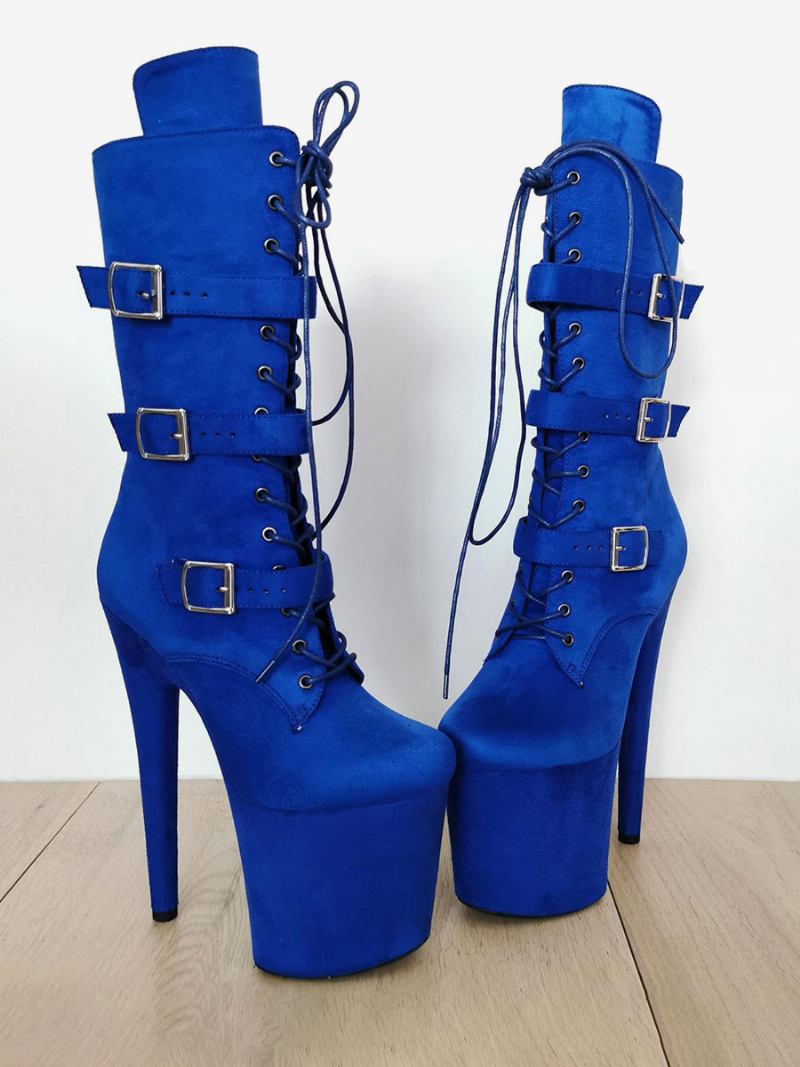 Botas Femininas Sensuais Douradas Metálicas Bico Redondo Plataforma Com Zíper Fivela Plus Size Sapatos Dança Poste Salto Stripper Dourado - Azul