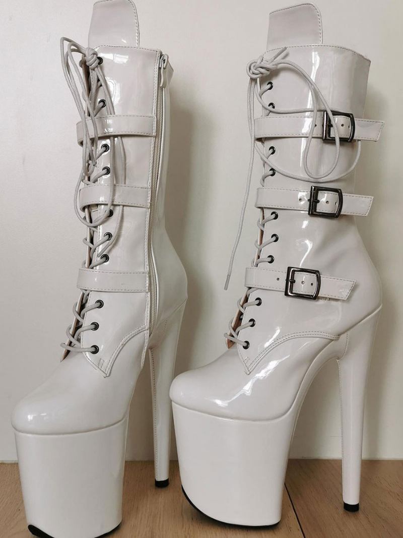 Botas Femininas Sensuais Douradas Metálicas Bico Redondo Plataforma Com Zíper Fivela Plus Size Sapatos Dança Poste Salto Stripper Dourado - Branco