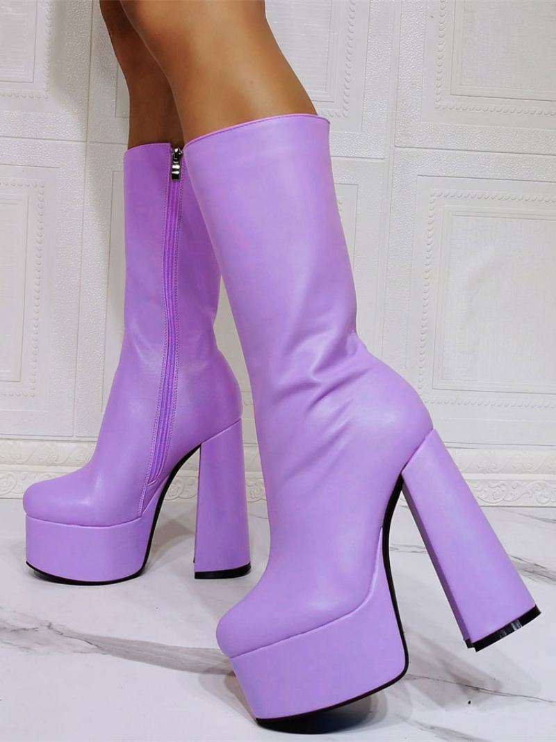 Botas Femininas Sexy Com Plataforma Salto Grosso E Meia Panturrilha Pretas - Roxo