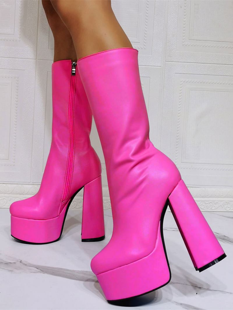 Botas Femininas Sexy Com Plataforma Salto Grosso E Meia Panturrilha Pretas - Rosa