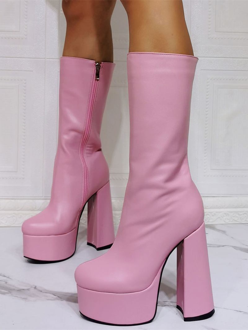 Botas Femininas Sexy Com Plataforma Salto Grosso E Meia Panturrilha Pretas - Rosa