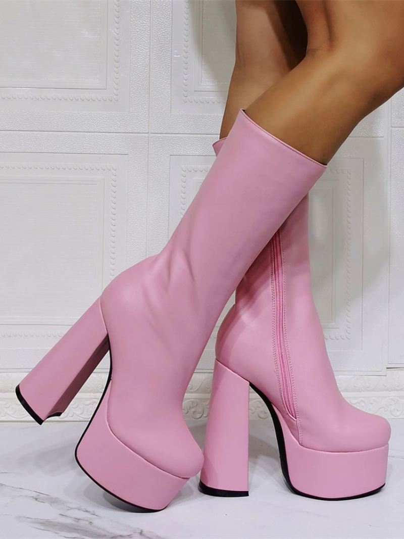 Botas Femininas Sexy Com Plataforma Salto Grosso E Meia Panturrilha Pretas - Rosa