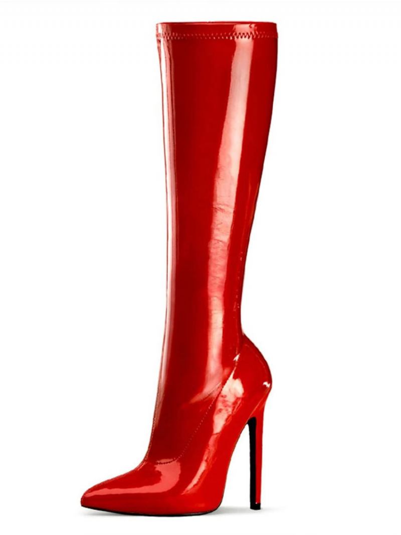 Botas Femininas Sexy Salto Alto Bico Fino Lantejoulas Agulha Rave Club Altas Coxa Preta - Vermelho