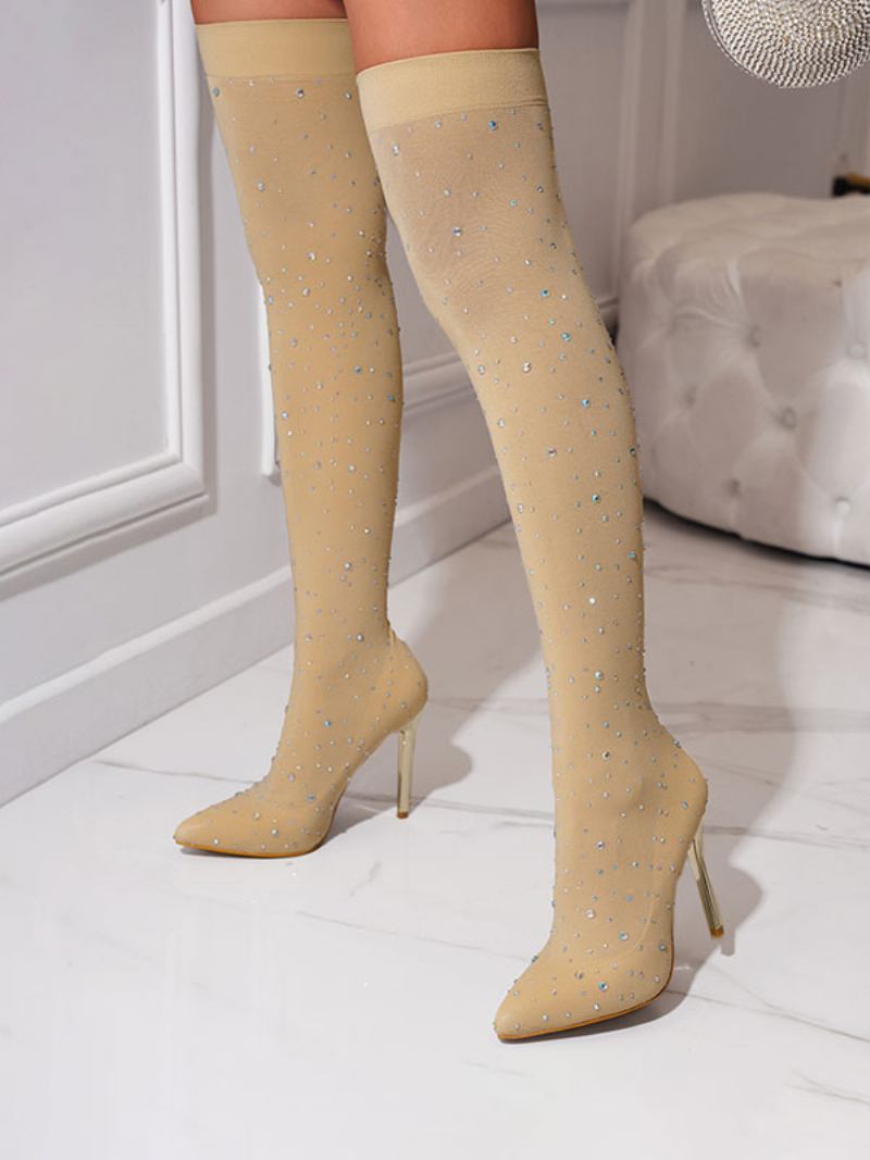 Botas Femininas Sexy Salto Alto Bico Fino Strass Moda Rua Coxa Preta Acima Do Joelho - Amarelo Claro