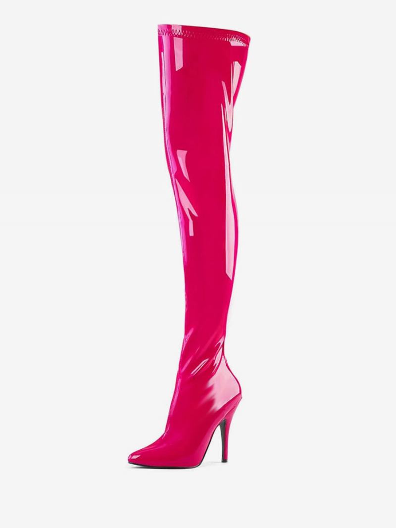 Botas Femininas Sexy Salto Alto Bico Fino Zíper Lantejoulas Stiletto Rave Club Altas Coxa Branca - Rosa