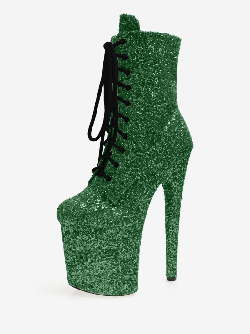 Botas Femininas Sexy Salto Alto Bico Redondo Zíper Estampa Estrelas Stiletto Pole Dancing Coxa Alta Acima Do Joelho - Verde