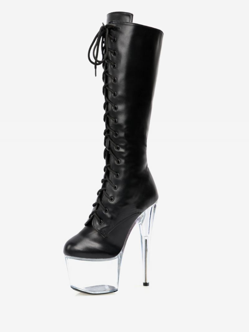 Botas Femininas Sexy Salto Alto Bico Redondo Zíper Stiletto Geométrico Dança Poste Coxa Preta Altas Sobre O Joelho - Transparente