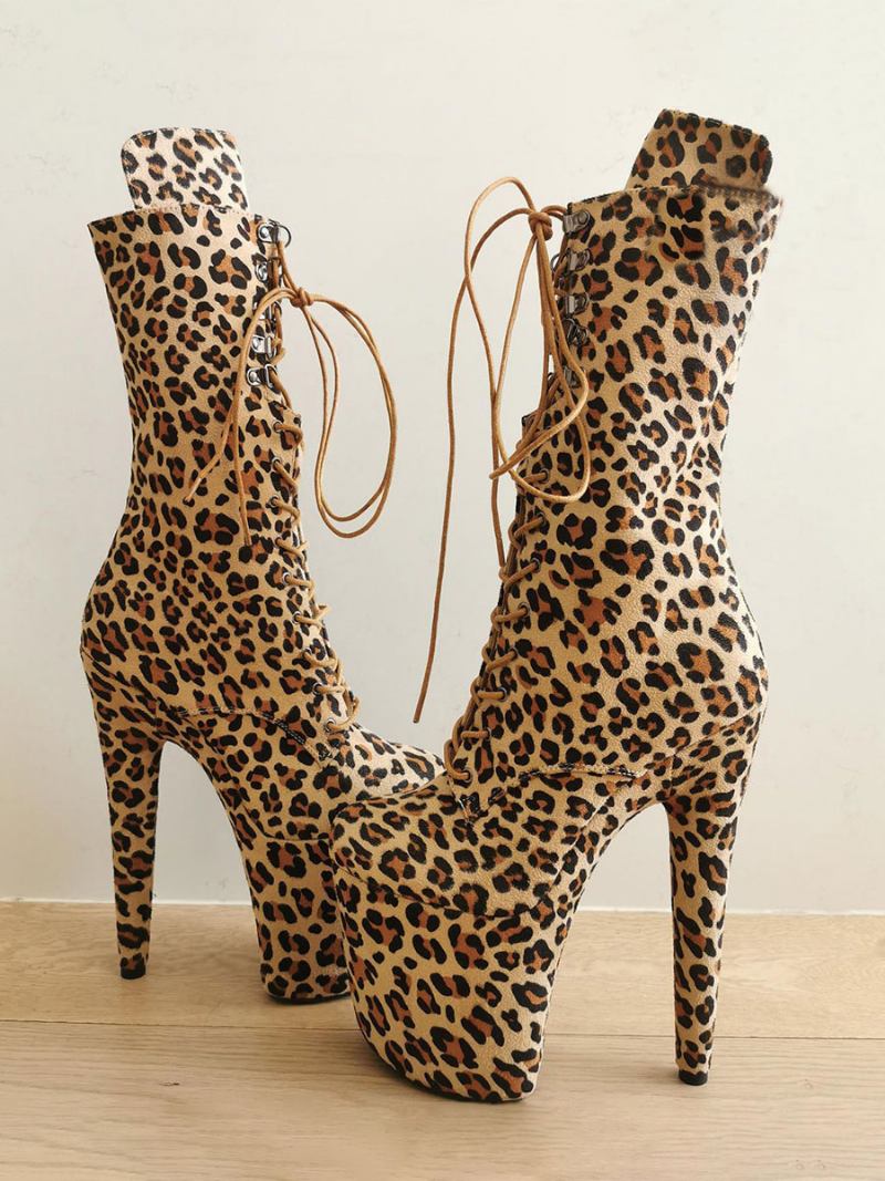 Botas Femininas Sexy Salto Alto Leopardo Dedo Do Pé Redondo Zíper Fivela Plataforma Rendas Até Tamanho Grande