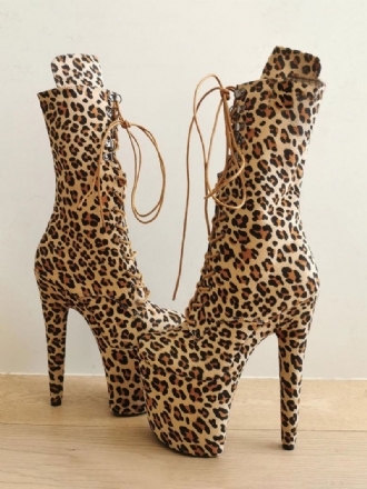 Botas Femininas Sexy Salto Alto Leopardo Dedo Do Pé Redondo Zíper Fivela Plataforma Rendas Até Tamanho Grande