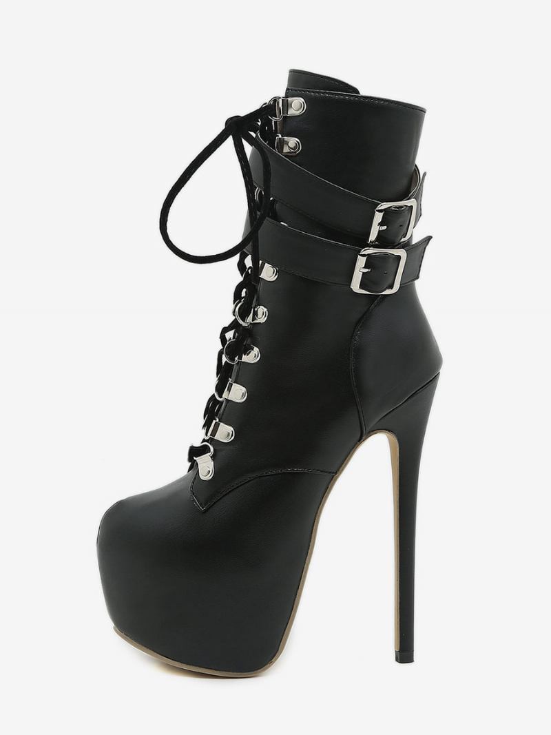 Botas Femininas Sexy Salto Alto Preto Amêndoa Toe Fivela Com Cadarço Agulha Rave Club - Preto