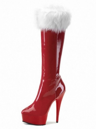 Botas Plataforma Sexy Natal Vermelho Feminino Pele Guarnição Salto Alto Sapatos Inverno