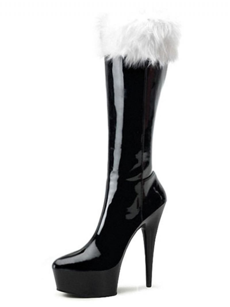 Botas Plataforma Sexy Natal Vermelho Feminino Pele Guarnição Salto Alto Sapatos Inverno - Preto