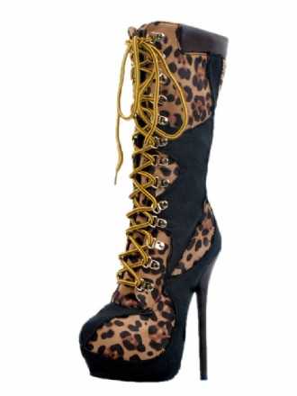 Botas Sexy Pretas Plataforma Feminina Leopardo Estampado Rendas Até Salto Alto