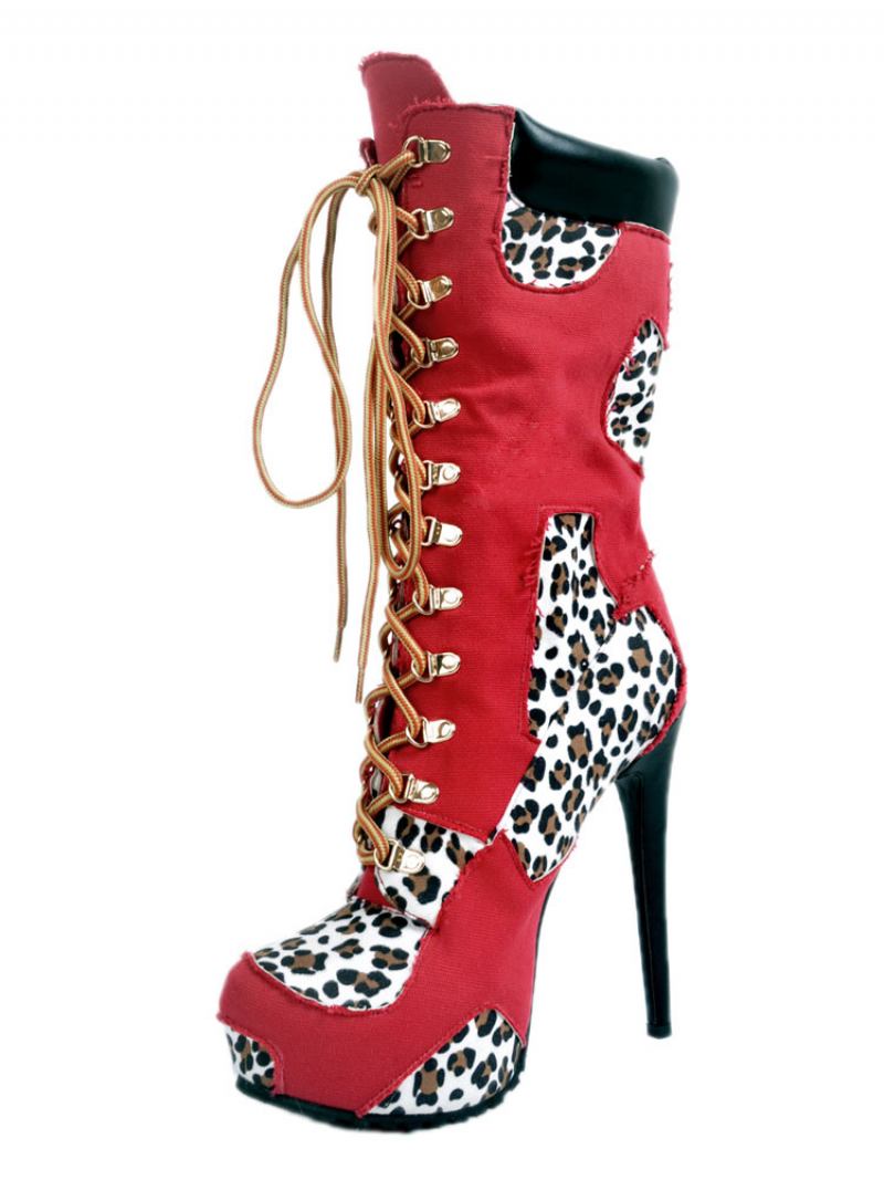 Botas Sexy Pretas Plataforma Feminina Leopardo Estampado Rendas Até Salto Alto - Vermelho