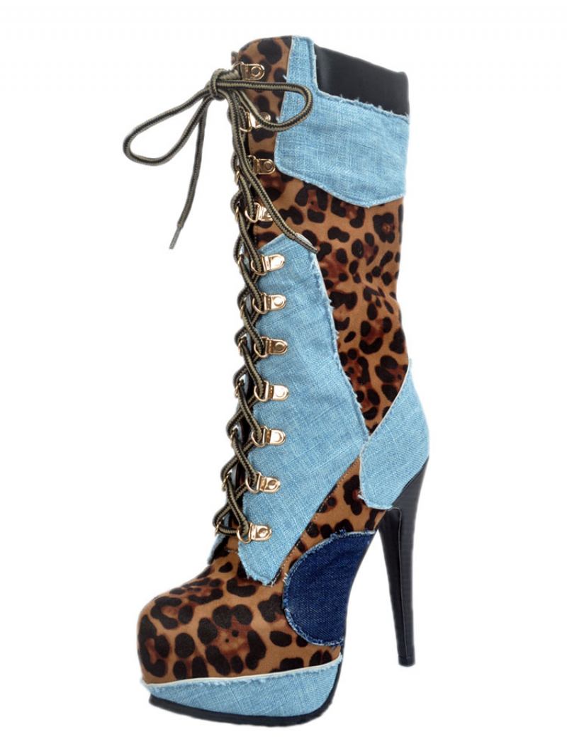 Botas Sexy Pretas Plataforma Feminina Leopardo Estampado Rendas Até Salto Alto - Azul