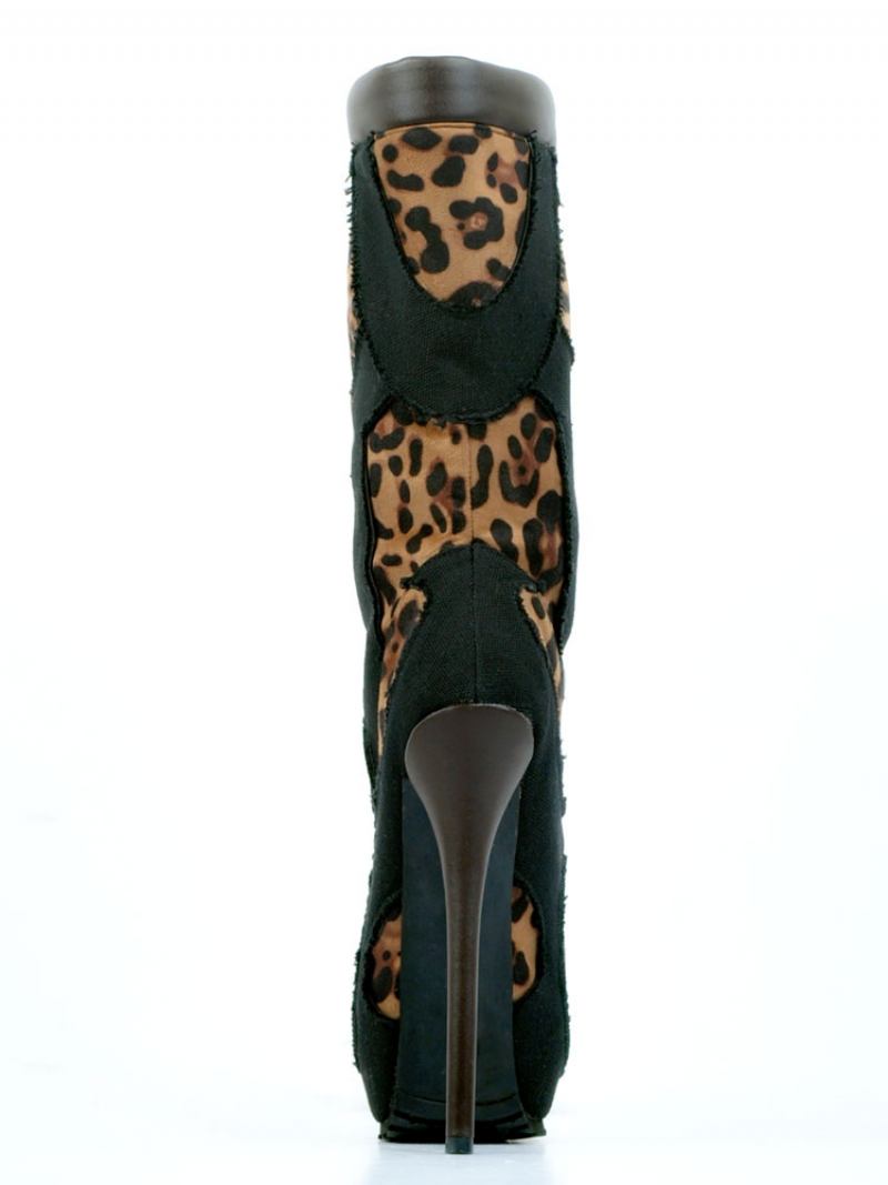 Botas Sexy Pretas Plataforma Feminina Leopardo Estampado Rendas Até Salto Alto - Preto