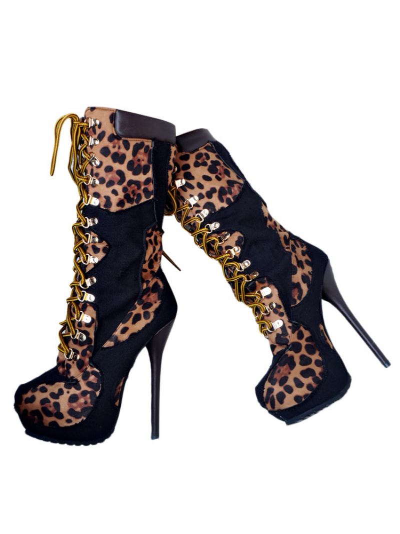 Botas Sexy Pretas Plataforma Feminina Leopardo Estampado Rendas Até Salto Alto - Preto