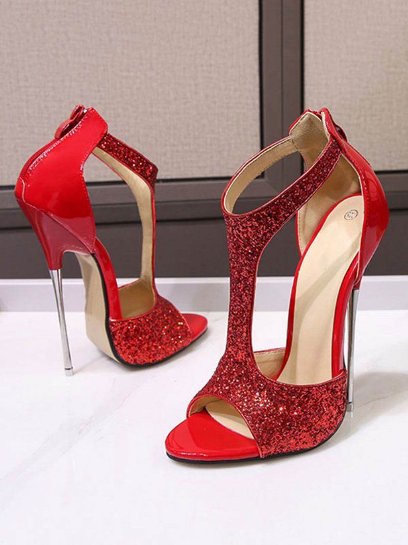 Feminino Glitter T Strap Sexy Salto Alto - Vermelho