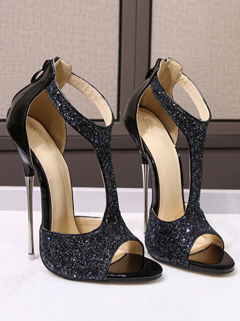 Feminino Glitter T Strap Sexy Salto Alto - Preto