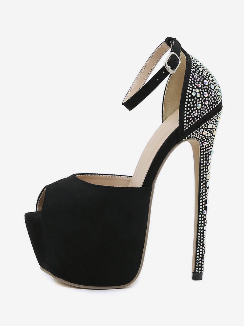 Feminino Sexy Salto Alto Plataforma Preta Strass Peep Toe Agulha Micro Camurça Bombas Superiores - Preto