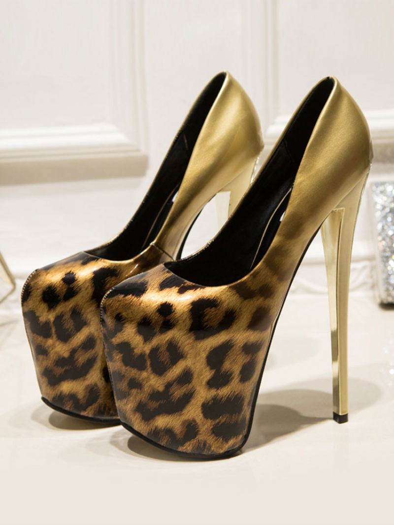 Mulheres Sapatos Plataforma Salto Alto Prateado Dedo Do Pé Quadrado Leopardo Impressão Sexy - Ouro