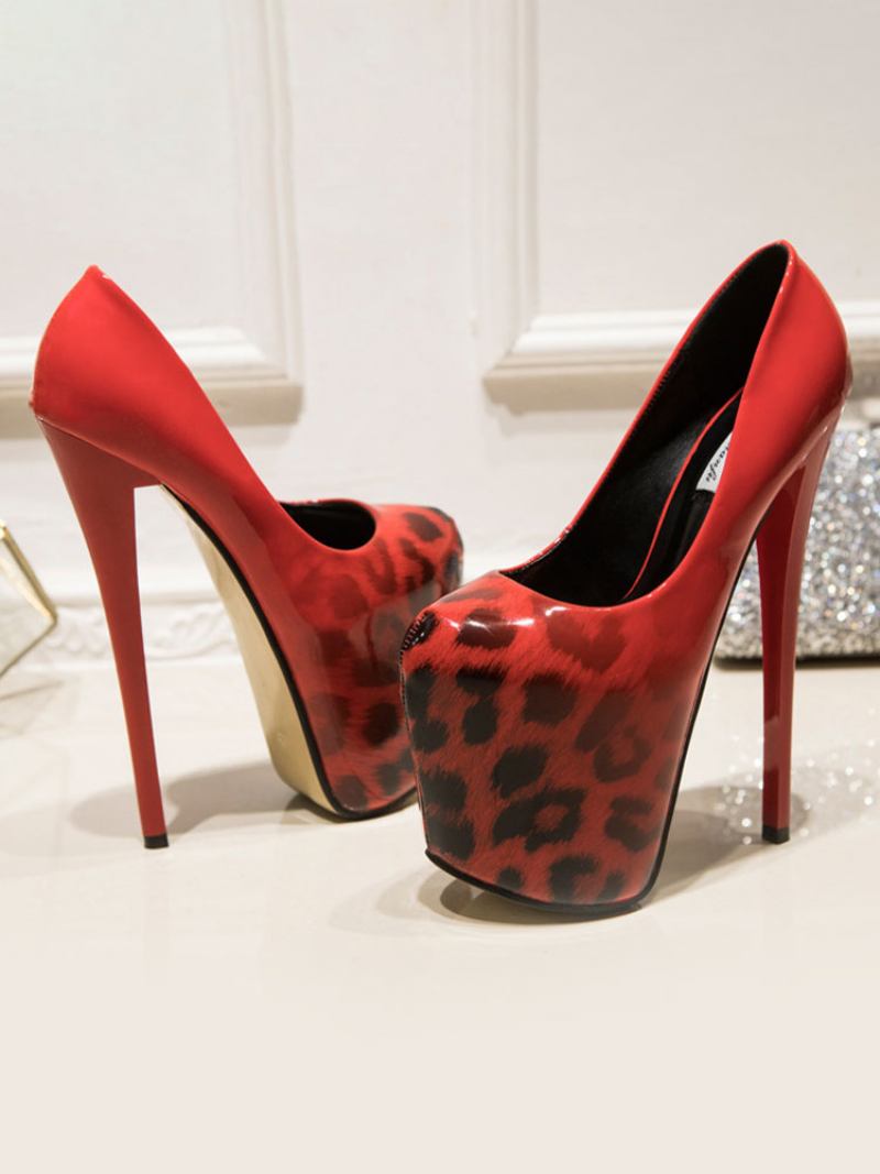 Mulheres Sapatos Plataforma Salto Alto Prateado Dedo Do Pé Quadrado Leopardo Impressão Sexy - Vermelho