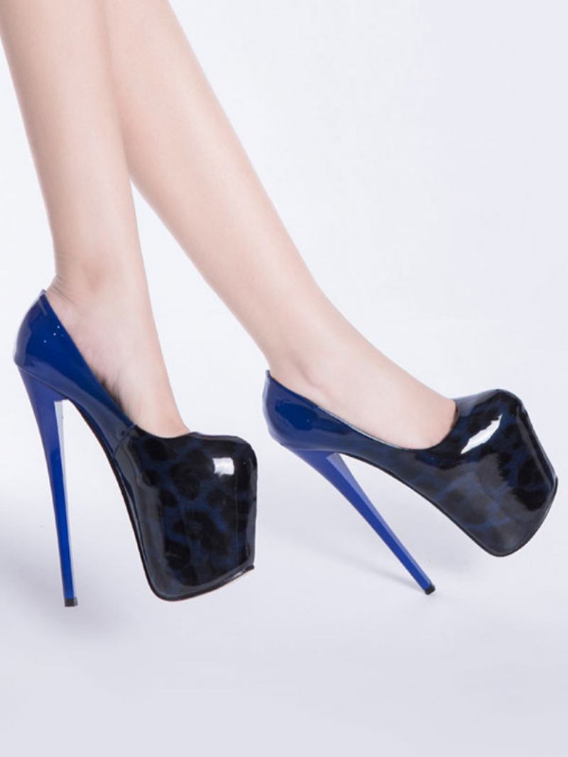 Mulheres Sapatos Plataforma Salto Alto Prateado Dedo Do Pé Quadrado Leopardo Impressão Sexy - Azul