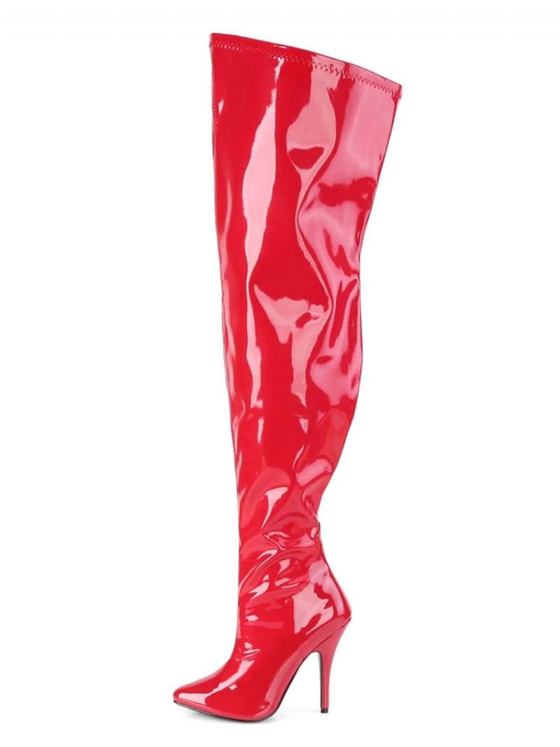 Mulheres Sexy Botas Apontou Toe Zíper Lantejoulas Salto Stiletto Rave Clube Preto Coxa Altas - Vermelho