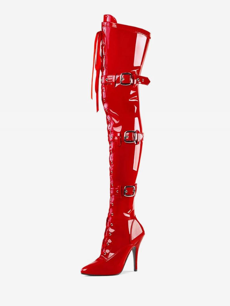 Mulheres Sexy Botas Dedo Apontado Zíper Lantejoulas Salto Stiletto Rave Club Preto Prata Coxa Altas - Vermelho