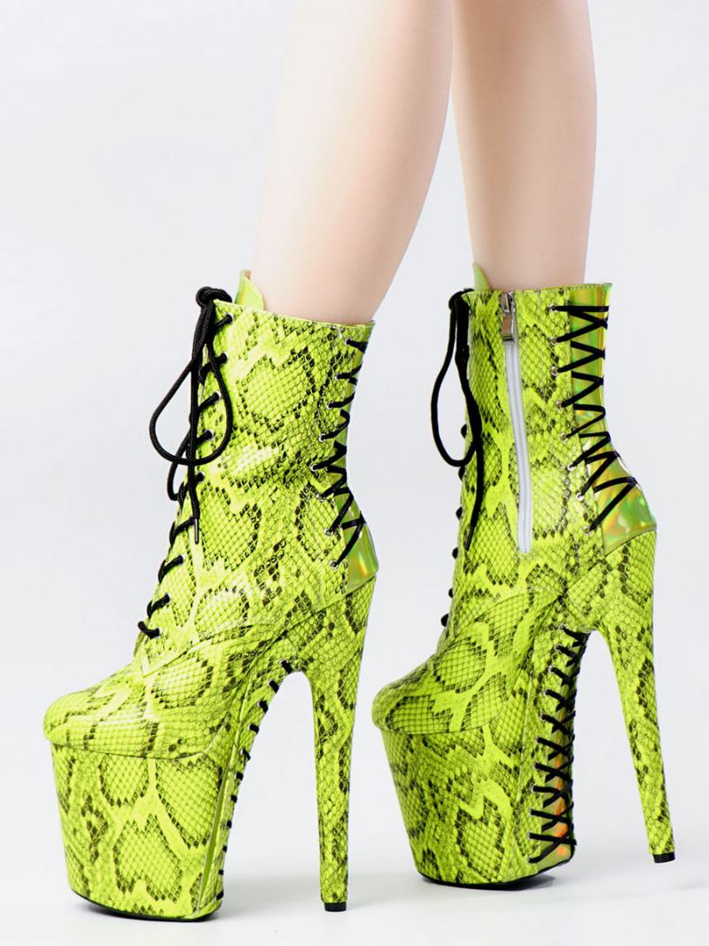 Mulheres Sexy Botas Dedo Do Pé Redondo Rendas Até Cobra Impressão Salto Stiletto Rave Clube Verde Coxa Altas Sobre O Joelho - Verde