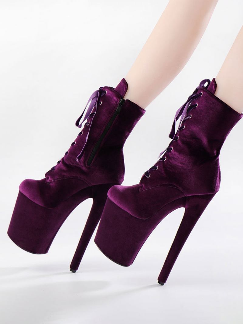 Mulheres Sexy Botas Dedo Do Pé Redondo Rendas Até Salto Agulha Rave Clube Roxo Coxa Altas Sobre O Joelho - Roxo