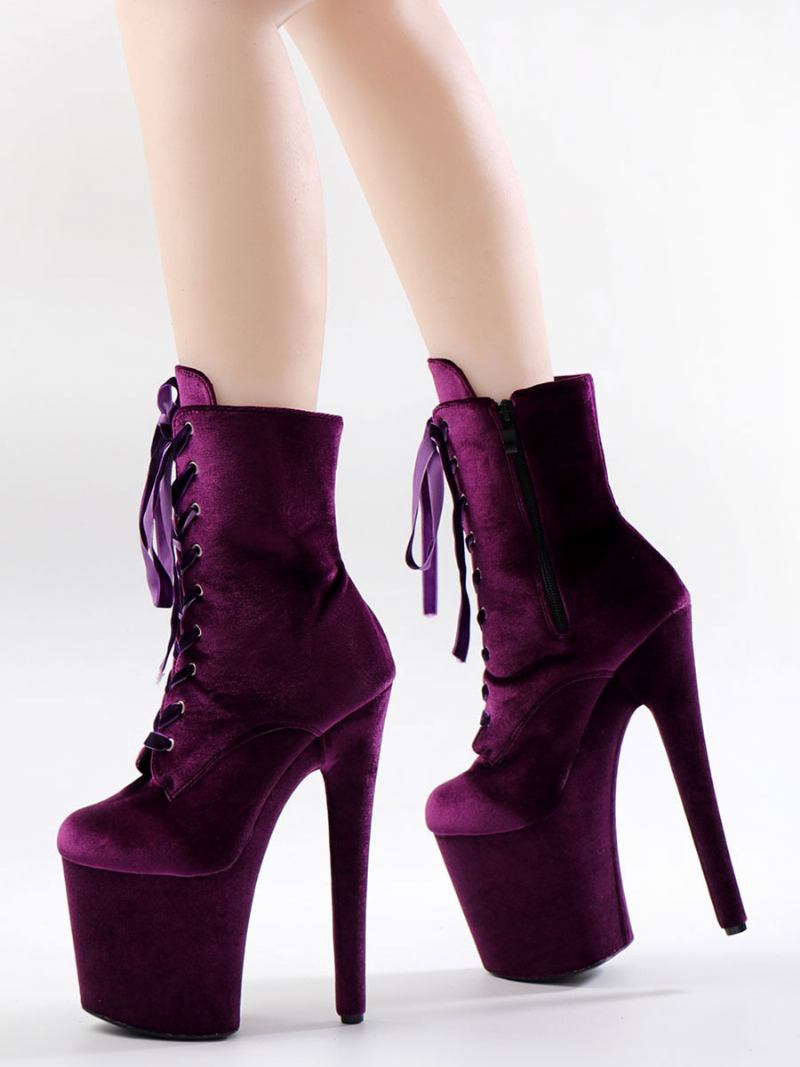 Mulheres Sexy Botas Dedo Do Pé Redondo Rendas Até Salto Agulha Rave Clube Roxo Coxa Altas Sobre O Joelho - Roxo