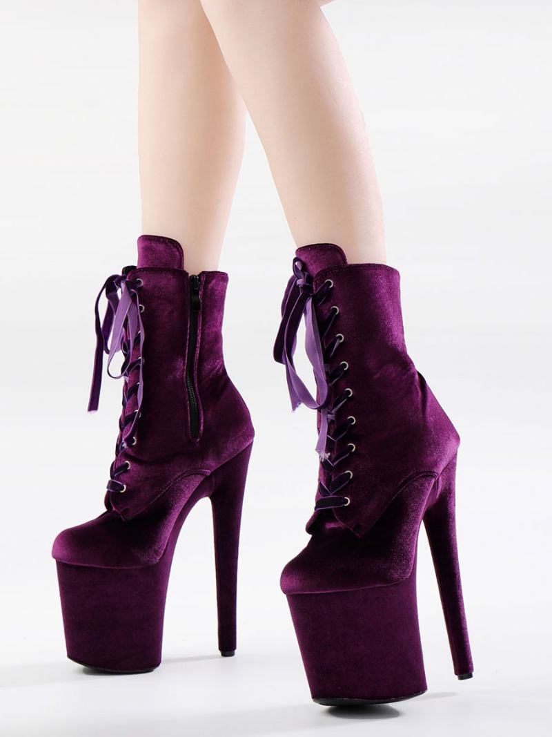 Mulheres Sexy Botas Dedo Do Pé Redondo Rendas Até Salto Agulha Rave Clube Roxo Coxa Altas Sobre O Joelho - Roxo