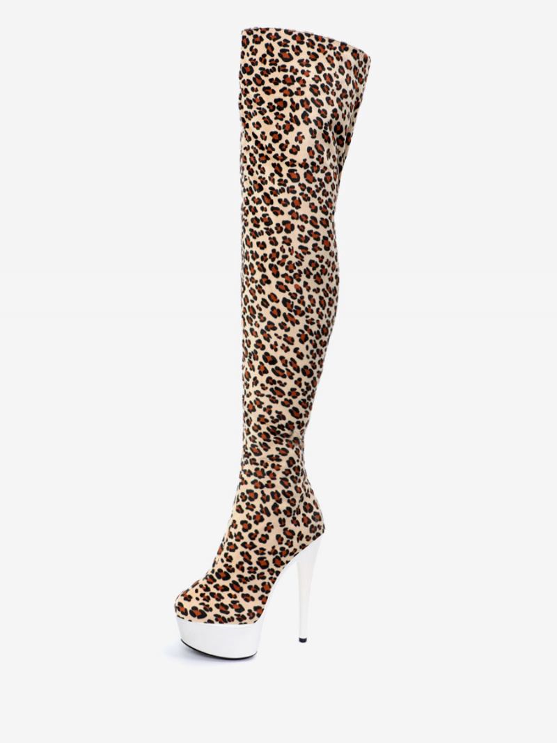 Mulheres Sexy Botas Dedo Do Pé Redondo Zíper Leopardo Impressão Stiletto Salto Bola Preto Coxa Altas Sobre O Joelho - Branco