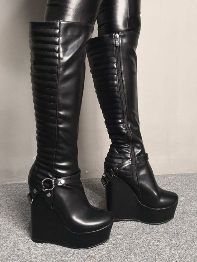 Mulheres Sexy Botas Plataforma Cunha Salto Rave Club Pretas Na Altura Do Joelho - Preto