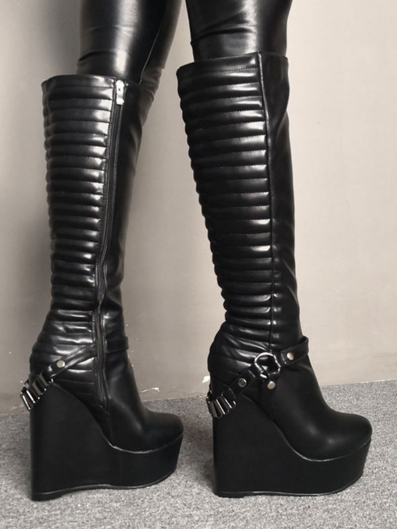 Mulheres Sexy Botas Plataforma Cunha Salto Rave Club Pretas Na Altura Do Joelho - Preto