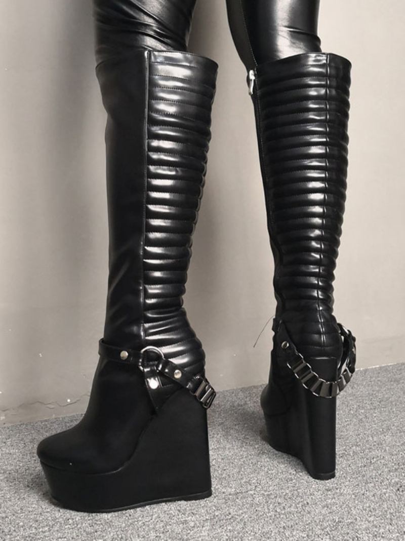 Mulheres Sexy Botas Plataforma Cunha Salto Rave Club Pretas Na Altura Do Joelho - Preto